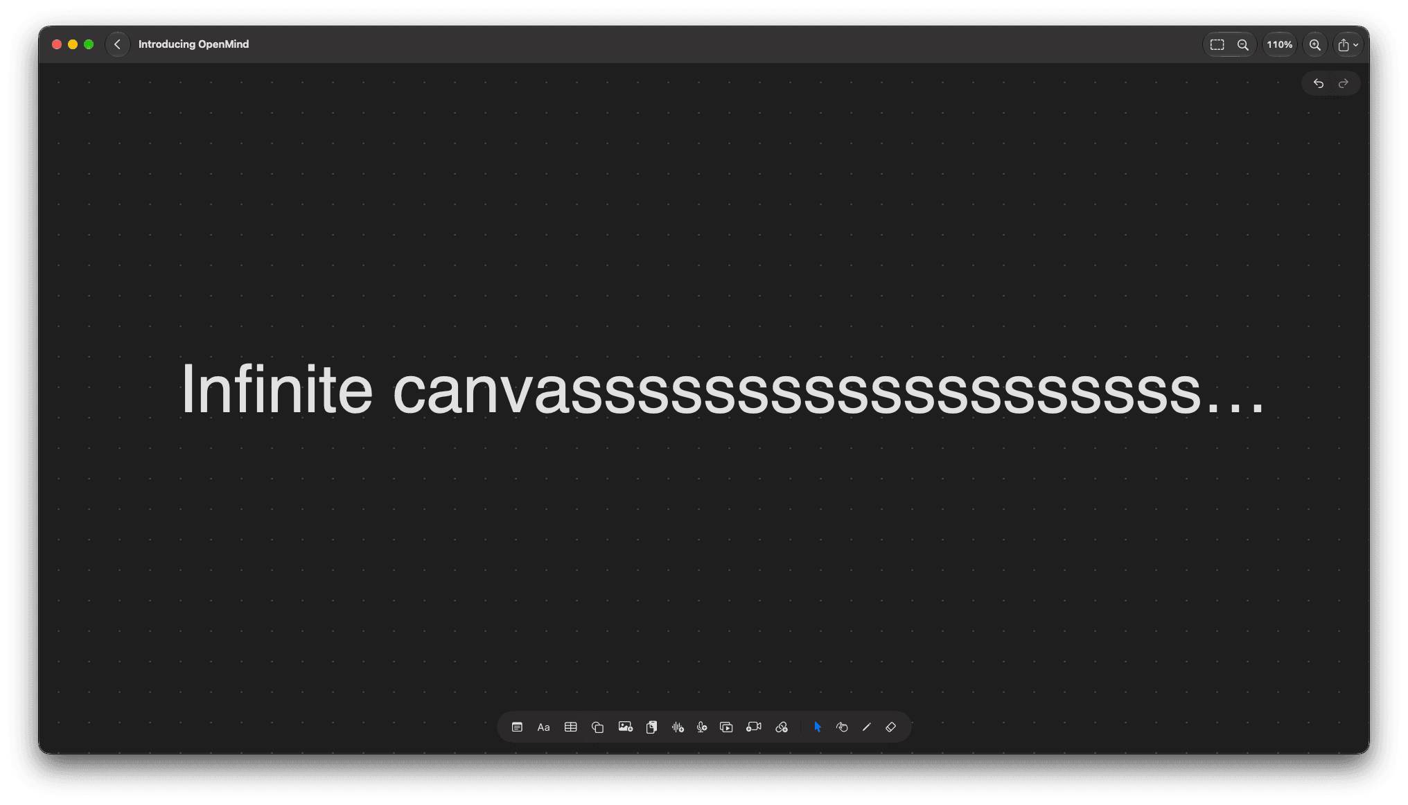 OpenMind infinite canvas on a dark dotted grid with a large text item stretching across the board.