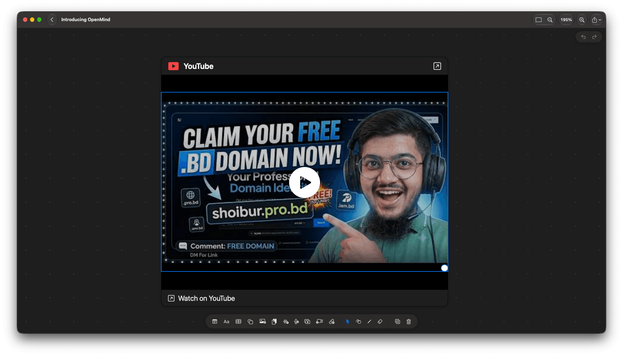 OpenMind canvas with a playable YouTube embed card showing a video thumbnail with a play button and a Watch on YouTube footer.